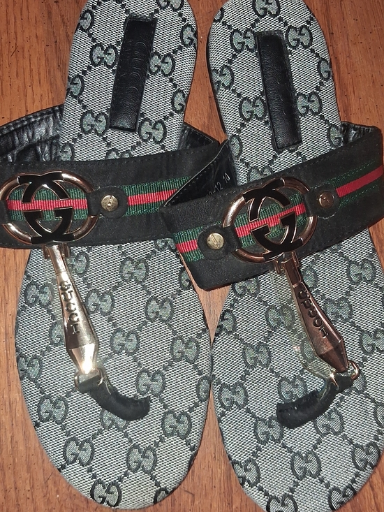 Gucci Other - Gucci Gray GG Canvas Slides with Black Straps and Green-Red Webbing